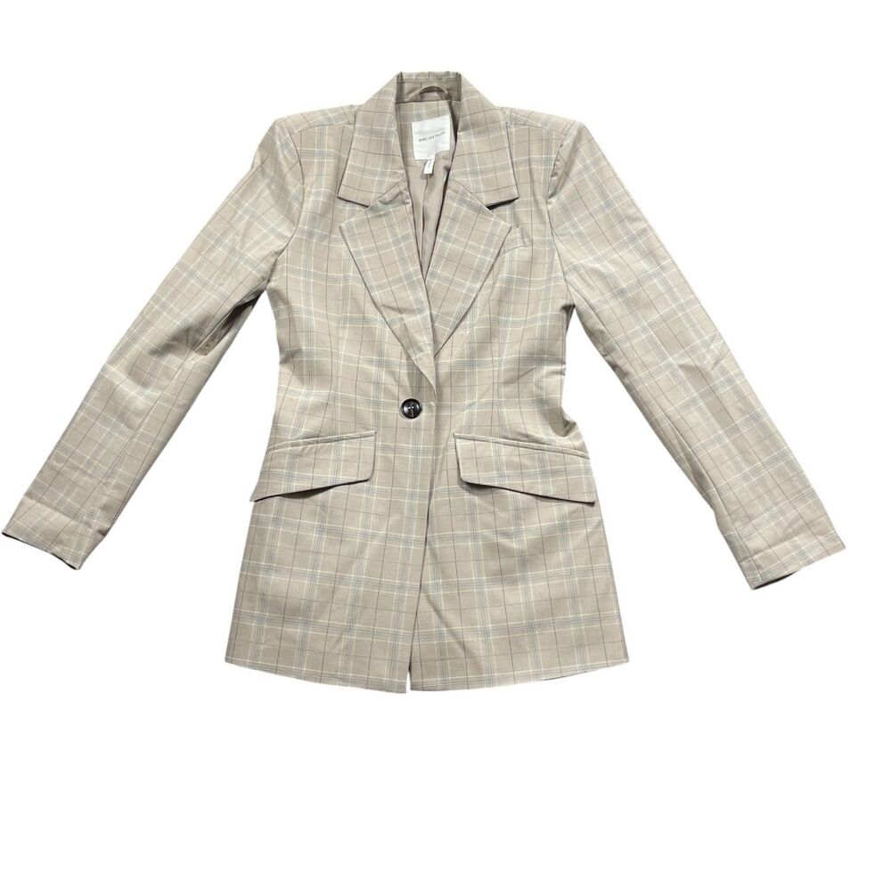 Avec Les Filles Small Tan Plaid Blazer‎ Lined Long Sleeve Sealed Pockets